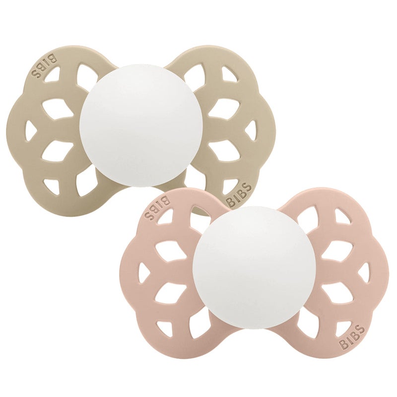 BIBS Glow in the Dark Infinity Pacifier Pack of 2 – Anatomical Silicone Size 1 Vanilla Glow/Blush Glow - Image 1